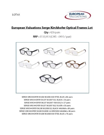 Bundle of Serge Kirchhofer optical frames (Quantity: 429)