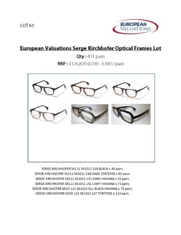 Bundle of Serge Kirchhofer optical frames (Quantity: 431)