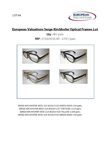 Bundle of Serge Kirchhofer optical frames (Quantity: 407)