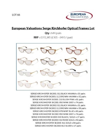 Bundle of Serge Kirchhofer optical frames (Quantity: 644)