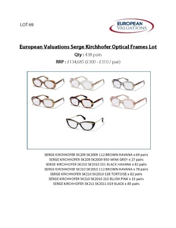 Bundle of Serge Kirchhofer optical frames (Quantity: 438)