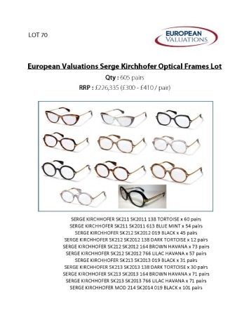 Bundle of Serge Kirchhofer optical frames (Quantity: 605)