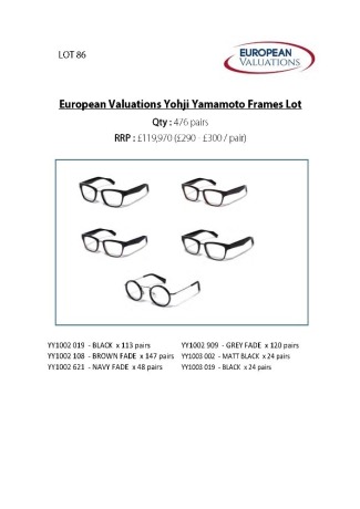 Bundle of Yohji Yamamoto optical frames (Quantity: 476)