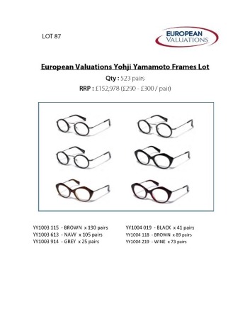 Bundle of Yohji Yamamoto optical frames (Quantity: 523)