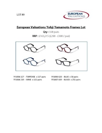 Bundle of Yohji Yamamoto optical frames (Quantity: 558)