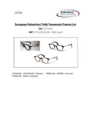 Bundle of Yohji Yamamoto optical frames (Quantity: 521)