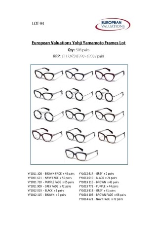 Bundle of Yohji Yamamoto optical frames (Quantity: 506)