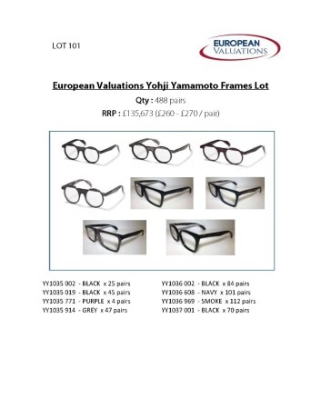 Bundle of Yohji Yamamoto optical frames (Quantity: 488)