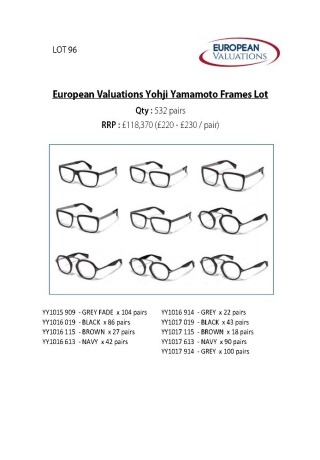 Bundle of Yohji Yamamoto optical frames (Quantity: 532)