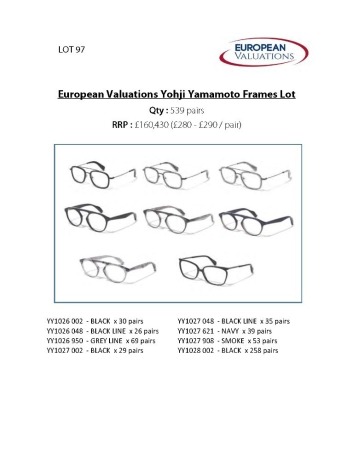 Bundle of Yohji Yamamoto optical frames (Quantity: 539)