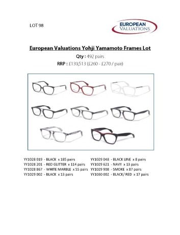 Bundle of Yohji Yamamoto optical frames (Quantity: 492)