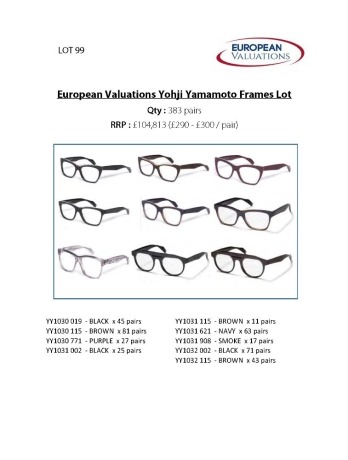 Bundle of Yohji Yamamoto optical frames (Quantity: 383)