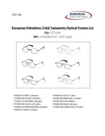 Bundle of Yohji Yamamoto optical frames (Quantity: 537)