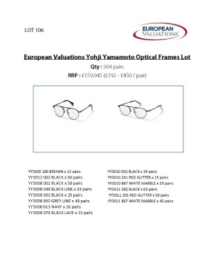 Bundle of Yohji Yamamoto optical frames (Quantity: 504)