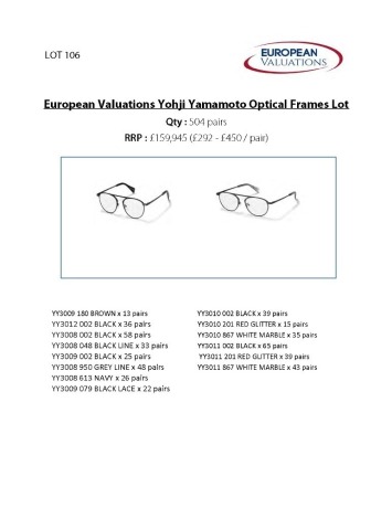 Bundle of Yohji Yamamoto optical frames (Quantity: 504)