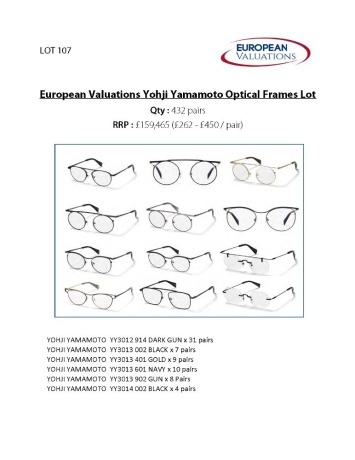 Bundle of Yohji Yamamoto optical frames (Quantity: 432)