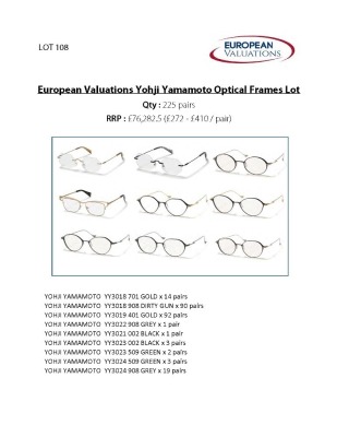 Bundle of Yohji Yamamoto optical frames (Quantity: 225)