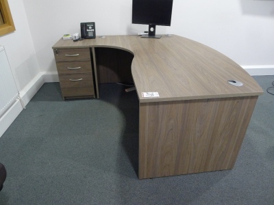Light walnut effect 200cm workstation with matching 3 drawer filing cabinet, oval meetings table with 6 blue cloth upholstered skid-leg chairs and combination storage unit - 7