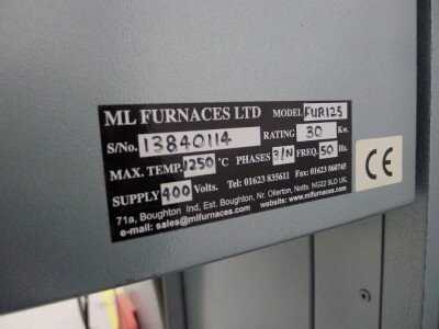 ML Furnaces model FUR125 1250?C 30kw furnace with infeed conveyor Serial number: 13840114 - 4