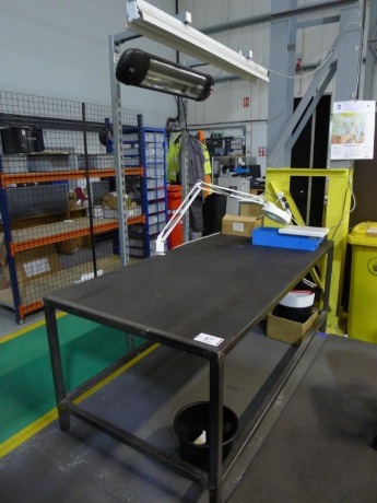 Welded steel 2 tier packing bench 200cm x 100cm with srip light, heater and bench magnifier