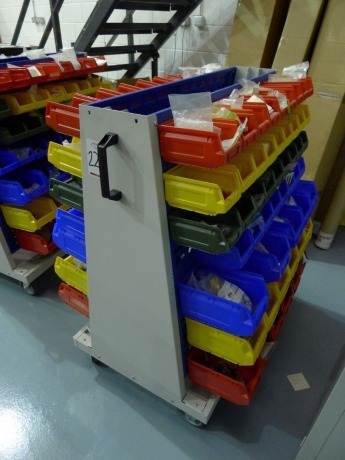 Double sided mobile storage bin rack (contents not included)