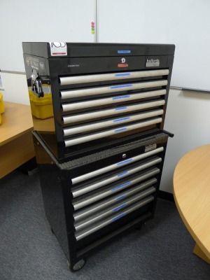 Halfords Industrial 6 drawer roller tool cabinet with Halfords Industrial 6 drawer top box