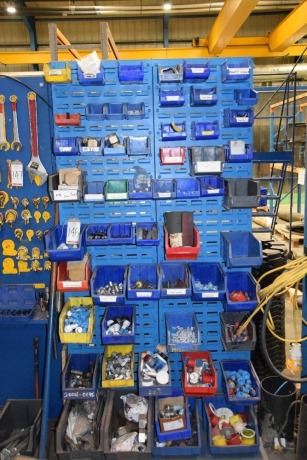 Louvre panel and bins rack with contents to include nuts, bolts, sanding consumables etc (Bay 2)