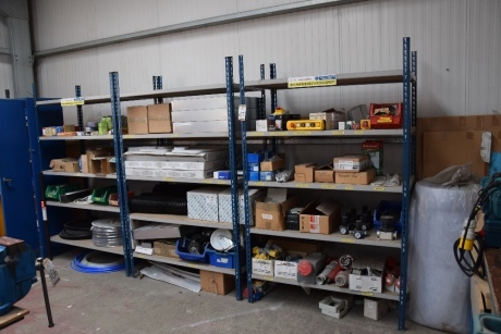 3 bays of Light duty slotted steel racking and contents to include: start buttons, pressure gauges, filters, bulbs etc (Packing)