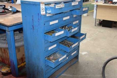 Steel Multi drawer sorage cabinet and contents mainly valves, screws and pressure gauges (Packing)