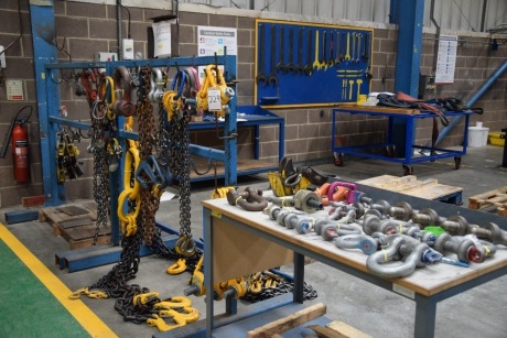 Large quantity of lifting chains, shackles, eyes and plate clamps with racks (Bay 3)