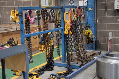 Large quantity of lifting chains, shackles, eyes and plate clamps with racks (Bay 3) - 2