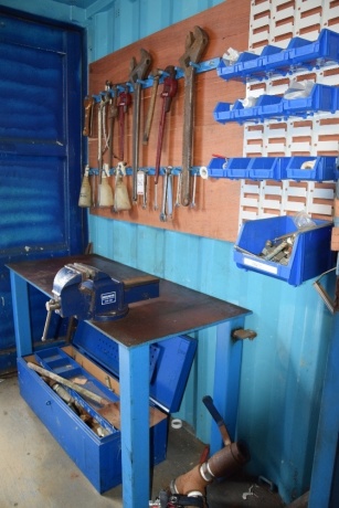Cast iron workbench with Senator and wall mounted tool rack with a selection of heavy duty hand tools vice 140cm x 60cm (Containers)