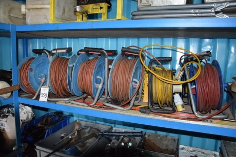 11 Assorted 110 Volt and connecting extension reels and a quantity of 110 volt extention, jump leads etc (Containers)
