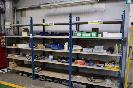 3 Bays of Light duty slotted steel racking and contents to include: Zucchini boxes, Shneider switches, SKF barings, electrical connectors etc (Packing)