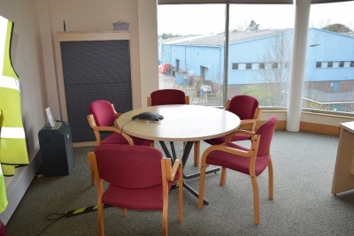 Contents to MD's office to include Light oak curved workstation, circular meetings table, 6 meetings chairs and a tambour fronted storage unit (Offices second floor MD's office) - 4