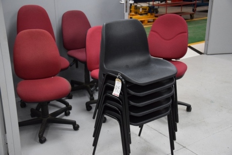 4 Burgandy cloth upholstered swivel chairs and 7 Black polypropylene chairs (Ground floor office)