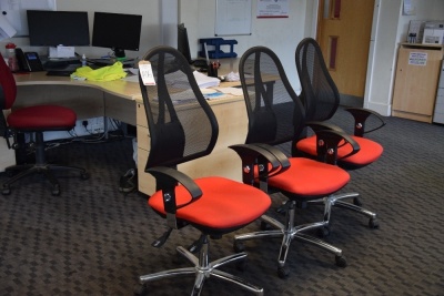 3 Red cloth upholstered mesh back swivel chairs (Ground floor office)