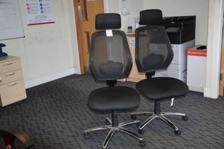 2 Black cloth upholstered mesh back swivel chairs (Ground floor office)