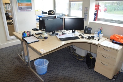 2 Light oak effect curved workstations with matching 3 drawer pedestals (Ground floor office)