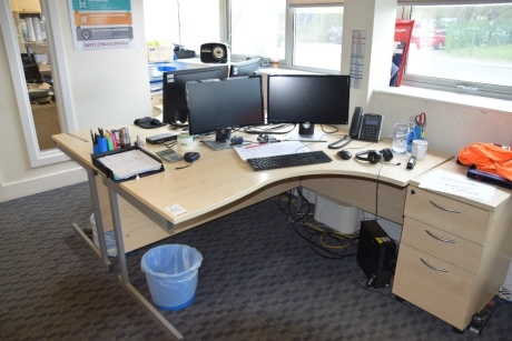 2 Light oak effect curved workstations with matching 3 drawer pedestals (Ground floor office)
