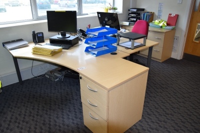 2 Light oak effect curved workstations with matching 3 drawer pedestals (Ground floor office)