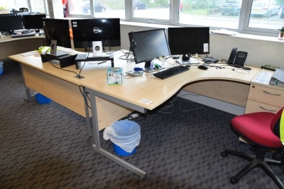 2 Light oak effect curved workstations with matching 3 drawer pedestals (Ground floor office)