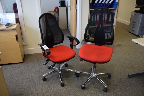 2 Red cloth upholstered mesh back swivel chairs (Offices second floor accounts)