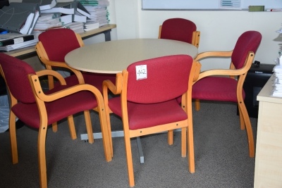 Light oak effect circular meetings table with 5 Bentwood framed Red cloth upholstered meetings chairs (Quality clinic)