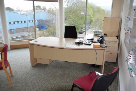 Contents to MD's office to include Light oak curved workstation, circular meetings table, 6 meetings chairs and a tambour fronted storage unit (Offices second floor MD's office)