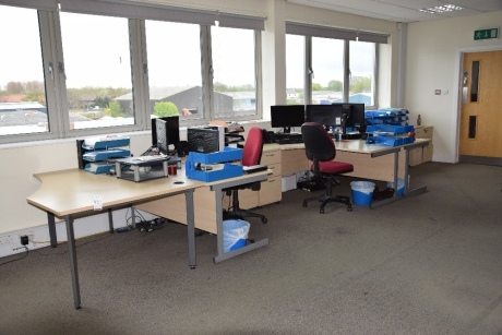5 Light oak effect curved workstations with matching pedestals (Offices second floor engineering)