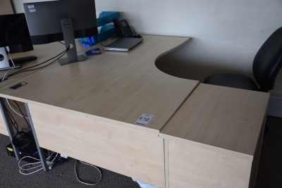 4 Light oak effect curved workstations with matching pedestals (Offices second floor engineering)