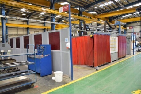 Kemper Acoustic Partition Welding Wall System, 9.6m x 7.9m approx With a 4.20m approx Wall Divider Making Two Separate Welding Booths With Red PVC Curtains