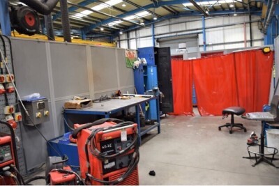 Kemper Acoustic Partition Welding Wall System, 9.6m x 7.9m approx With a 4.20m approx Wall Divider Making Two Separate Welding Booths With Red PVC Curtains - 6