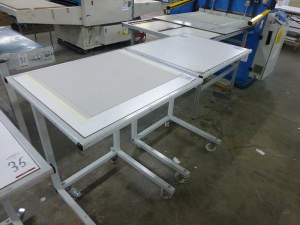 2x (760 mm x 640 mm) steel framed work trollies, closed height 1040 mm